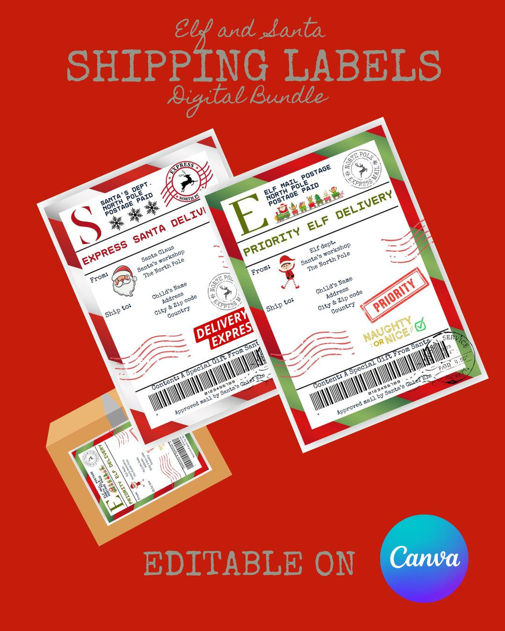 Elf & Santa Shipping Label Bundle • Editable Canva Template • North Pole Parcel Labels, Digital Download
