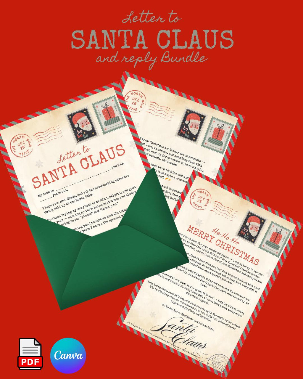 Letter to Santa & Reply Bundle – Printable + Editable Canva Template – Christmas Activity for Kids.